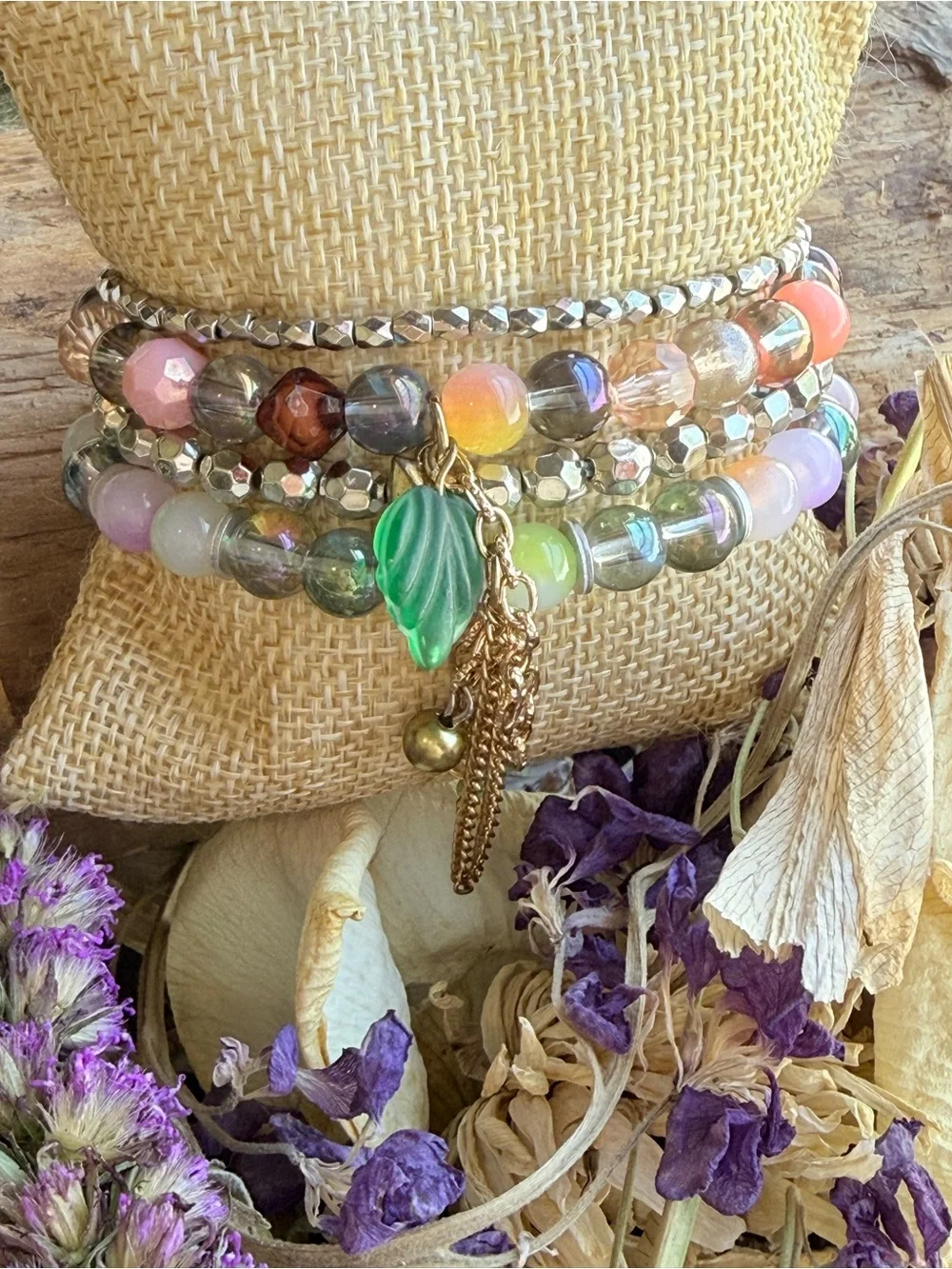 Aura quartz blend Multicolor Glass Bead Stack with Green Leaf Charm